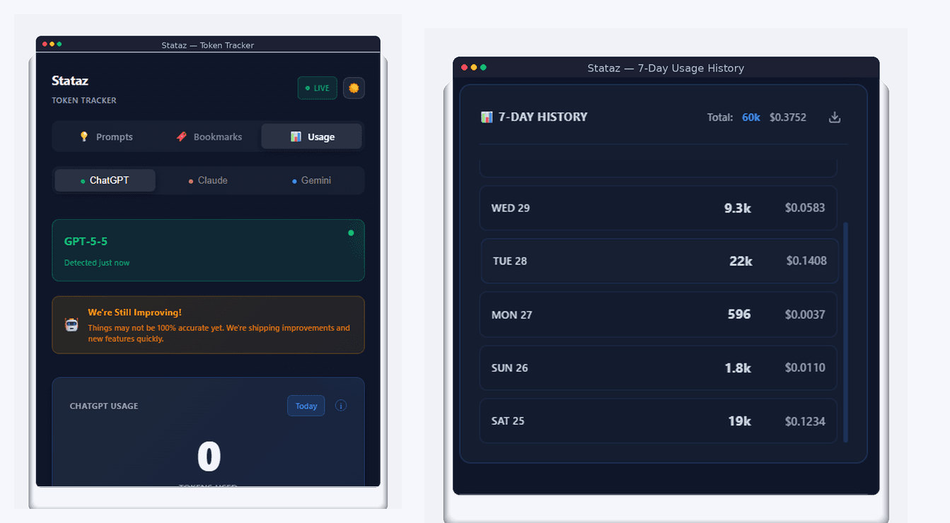 Stataz AI token calculator showing live token count in ChatGPT